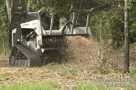 Tracked mulcher grinding standing brush, mulch thrown behind the head